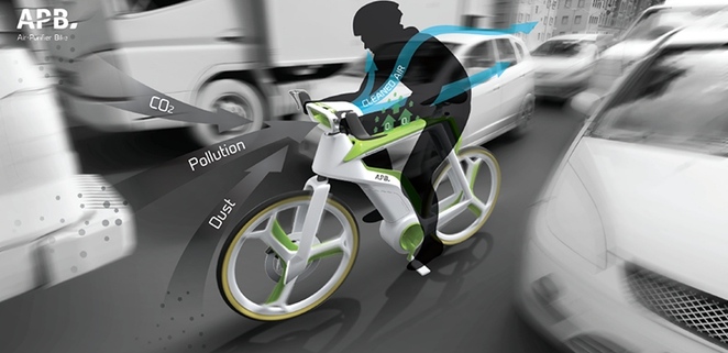 A Air Purifier Bike retém o material particulado e libera oxigênio puro para a atmosfera